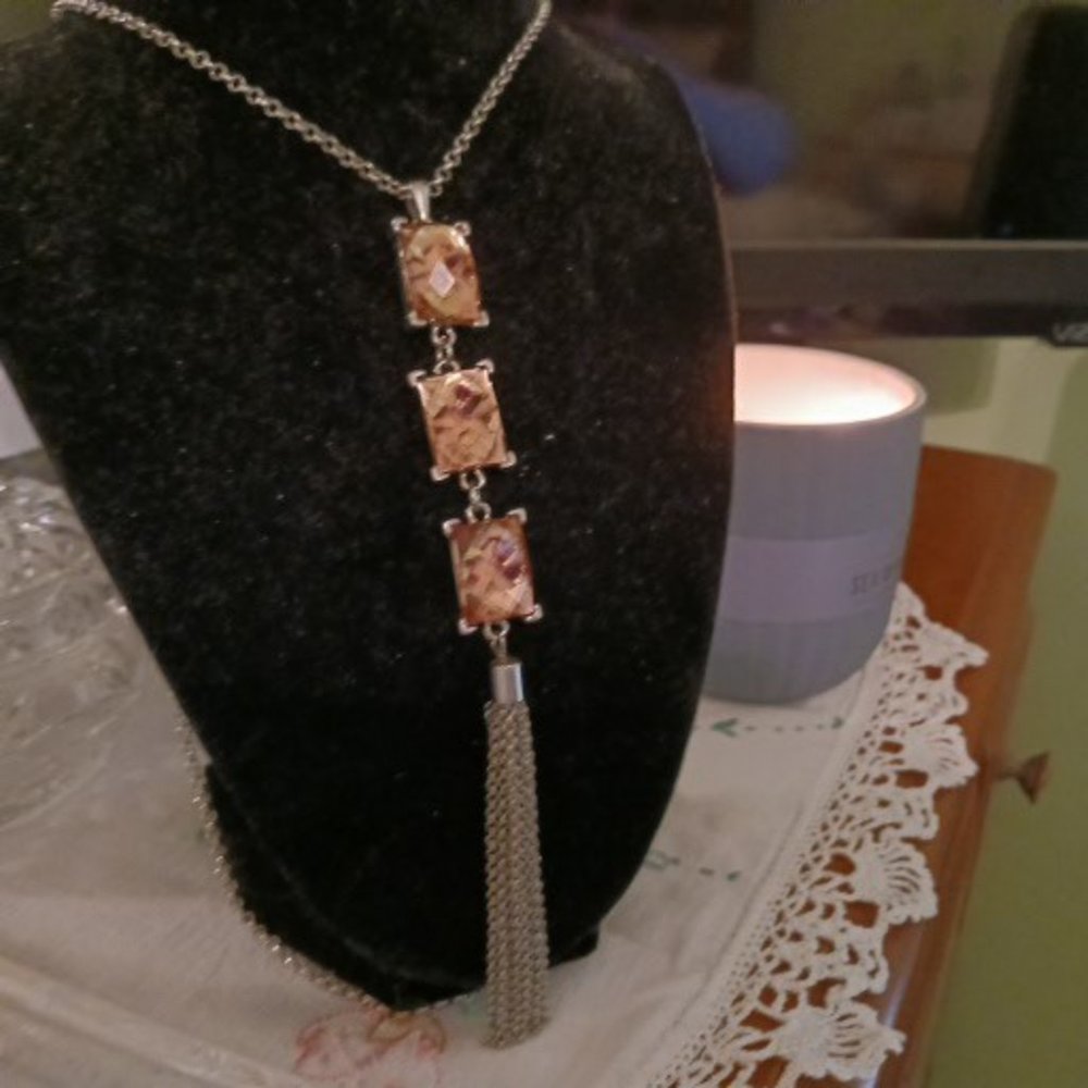 Necklace Long Silver with Three Accents and Tassle